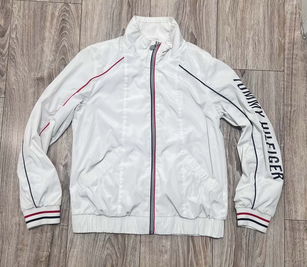 Tommy Hilfiger White Full-Zip Windbreaker Jacket with Sleeve Logo and Back Logo